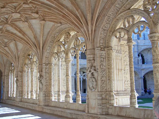 Arches, Manueline carvings, Cloister of Jeronimos Monastery, Libon, Portugal.